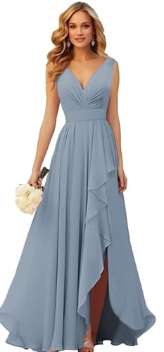 Generisch Frauen V-Ausschnitt Chiffon Brautjungfer Kleider Seite Schlitz RüSche Plissierte Formelle Abschlussball Party Kleid Lange Formelle Abendkleid Dusty Blue 6XL von Generisch