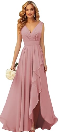 Generisch Frauen V-Ausschnitt Chiffon Brautjungfer Kleider Seite Schlitz RüSche Plissierte Formelle Abschlussball Party Kleid Lange Formelle Abendkleid Dusty Rose L von Generisch