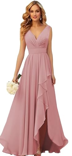 Generisch Frauen V-Ausschnitt Chiffon Brautjungfer Kleider Seite Schlitz RüSche Plissierte Formelle Abschlussball Party Kleid Lange Formelle Abendkleid Dusty Rose XL von Generisch