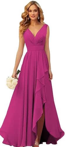 Generisch Frauen V-Ausschnitt Chiffon Brautjungfer Kleider Seite Schlitz RüSche Plissierte Formelle Abschlussball Party Kleid Lange Formelle Abendkleid Hot Pink M von Generisch