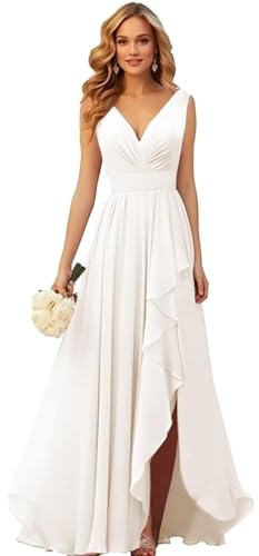 Generisch Frauen V-Ausschnitt Chiffon Brautjungfer Kleider Seite Schlitz RüSche Plissierte Formelle Abschlussball Party Kleid Lange Formelle Abendkleid Ivory M von Generisch