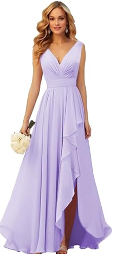 Generisch Frauen V-Ausschnitt Chiffon Brautjungfer Kleider Seite Schlitz RüSche Plissierte Formelle Abschlussball Party Kleid Lange Formelle Abendkleid Lilac L von Generisch