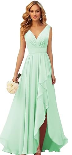 Generisch Frauen V-Ausschnitt Chiffon Brautjungfer Kleider Seite Schlitz RüSche Plissierte Formelle Abschlussball Party Kleid Lange Formelle Abendkleid Mint Green 6XL von Generisch