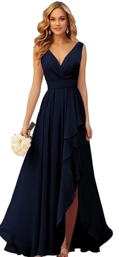 Generisch Frauen V-Ausschnitt Chiffon Brautjungfer Kleider Seite Schlitz RüSche Plissierte Formelle Abschlussball Party Kleid Lange Formelle Abendkleid Navy Blue XS von Generisch