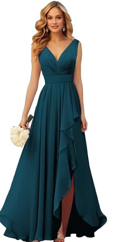Generisch Frauen V-Ausschnitt Chiffon Brautjungfer Kleider Seite Schlitz RüSche Plissierte Formelle Abschlussball Party Kleid Lange Formelle Abendkleid Peacock S von Generisch