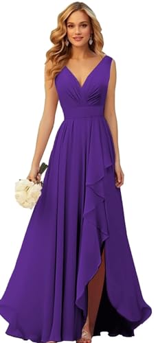 Generisch Frauen V-Ausschnitt Chiffon Brautjungfer Kleider Seite Schlitz RüSche Plissierte Formelle Abschlussball Party Kleid Lange Formelle Abendkleid Purple S von Generisch