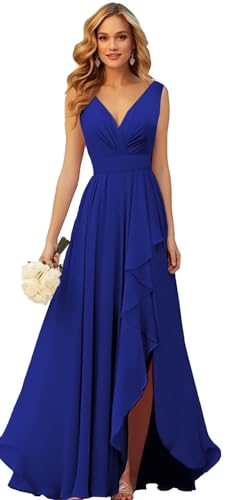 Generisch Frauen V-Ausschnitt Chiffon Brautjungfer Kleider Seite Schlitz RüSche Plissierte Formelle Abschlussball Party Kleid Lange Formelle Abendkleid Royal Blue S von Generisch