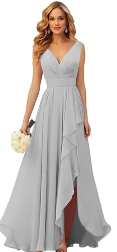 Generisch Frauen V-Ausschnitt Chiffon Brautjungfer Kleider Seite Schlitz RüSche Plissierte Formelle Abschlussball Party Kleid Lange Formelle Abendkleid Silver L von Generisch