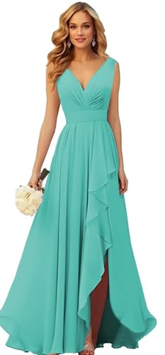 Generisch Frauen V-Ausschnitt Chiffon Brautjungfer Kleider Seite Schlitz RüSche Plissierte Formelle Abschlussball Party Kleid Lange Formelle Abendkleid Turquoise 8XL von Generisch