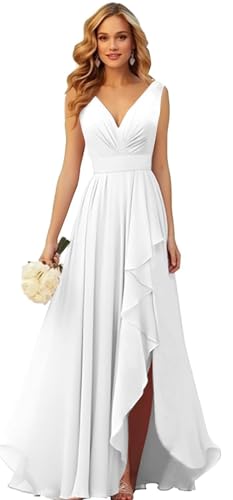 Generisch Frauen V-Ausschnitt Chiffon Brautjungfer Kleider Seite Schlitz RüSche Plissierte Formelle Abschlussball Party Kleid Lange Formelle Abendkleid White XXL von Generisch