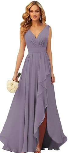 Generisch Frauen V-Ausschnitt Chiffon Brautjungfer Kleider Seite Schlitz RüSche Plissierte Formelle Abschlussball Party Kleid Lange Formelle Abendkleid Wisteria S von Generisch