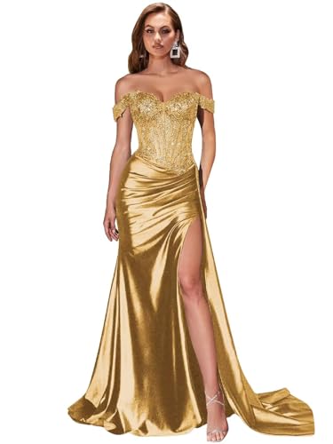Generisch Frauen schulterfrei Satin Ballkleider Spitze Applikationen Abendkleid Korsett Meerjungfrau Formelles Kleid von Generisch