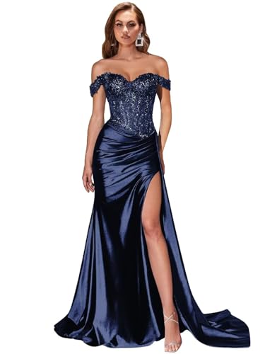 Generisch Frauen schulterfrei Satin Ballkleider Spitze Applikationen Abendkleid Korsett Meerjungfrau Formelles Kleid von Generisch