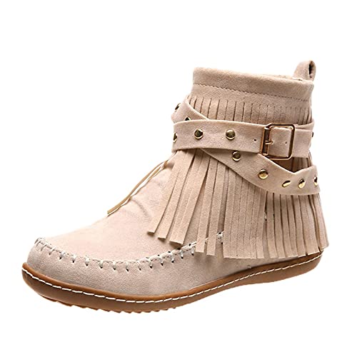Generisch Frauen solide Wildleder -Zehen Runde kurze Schuhe Quasten Reißverschluss flache Farbe Booties Damenstiefel Herren 46 (Beige, 42) von Generisch