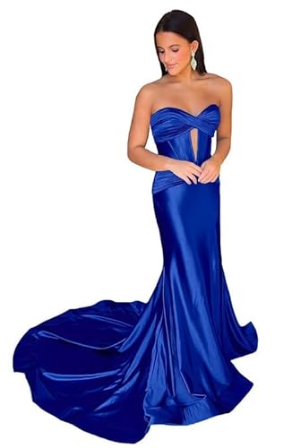 Generisch Frauen trägerlos Meerjungfrau Abschlussballkleider lang plissiert Formale Abend rückenfrei geteilt Partykleider Royal Blue S von Generisch