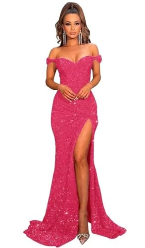 Generisch Frauen trägerlos geteilt Meerjungfrau Kleider Glitter Pailletten plissiert Formale Abendkleider Hot Pink 3XL von Generisch
