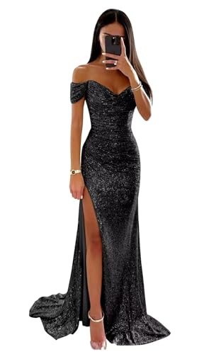 Generisch Frauen trägerlose Ballkleider Meerjungfrau Pailletten Brautjungfernkleider Langer V-Ausschnitt Schlitz Formale Abendkleider Black 0 von Generisch
