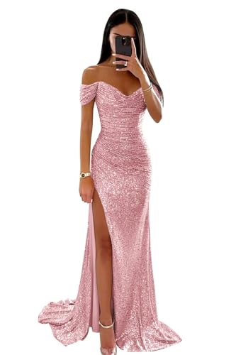 Generisch Frauen trägerlose Ballkleider Meerjungfrau Pailletten Brautjungfernkleider Langer V-Ausschnitt Schlitz Formale Abendkleider Pink 12 von Generisch
