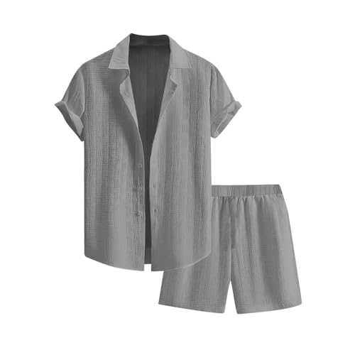 Generisch Freizeitanzüge Für Männer, Herren Trainingsanzug Sommer Sportanzug 2 Teiliges Business Hemd Set Kurzarm T-Shirts Kurze Hose Freizeitanzug Sportkleidung Set Sport Shirt (XL, Grau) von Generisch