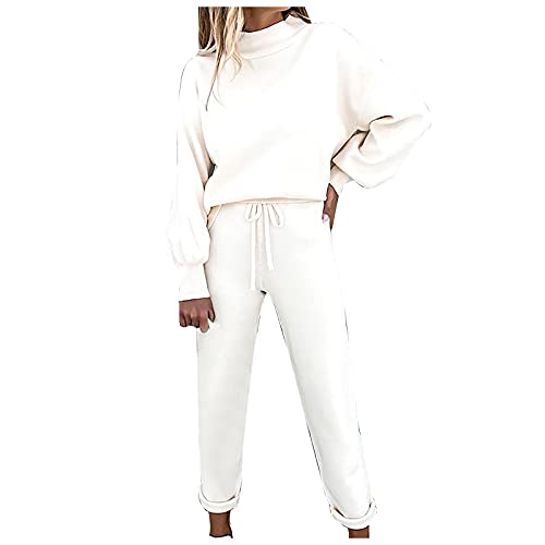 Generisch Freizeitanzug Damen, Hausanzug Kuschelig Jogginganzug Damen Set Warm Sportanzug Elegant Sweatshirt + Lange Hose Trainingsanzug Für Running, Yoga, Gym Cozy Knit Set Outfit (L, Weiß) von Generisch