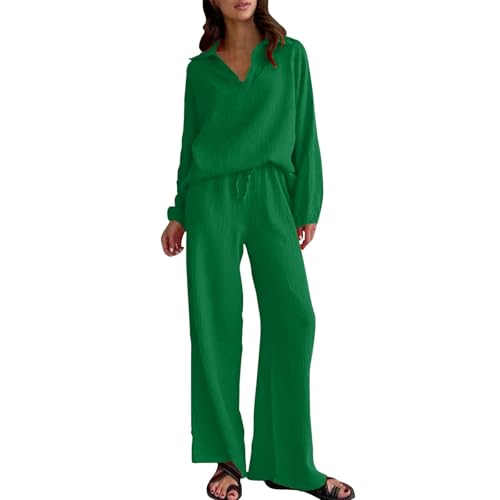 Generisch Freizeitanzug Damen 2 Teiler Set Hosenanzug Herbst/Winter V-Ausschnitt Und Freizeithose Mit Taschen Und Kordelzug Einfarbig Weichem Stretch Loungewear Outdoor Sport Workout Sportanzug,S-4Xl von Generisch