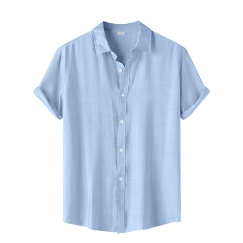 Generisch Freizeithemden Für Herren, Kurzarm Einfarbig Freizeithemd Herrenhemden Sommer Regular Fit Casual Button Down Shirts Mit Brusttasche Leinenhemd Herren Gelbes (3XL, Light Blue) von Generisch