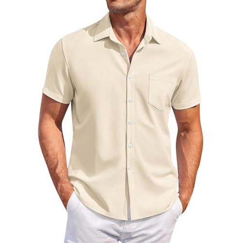 Generisch Freizeithemden Für Herren, Kurzarm Einfarbig Sommerhemd Freizeithemd Business Männer Basic Shirts Mit Brusttasche Hawaii Hemden Kleidung Herren Regular Fit Shirts (3XL, Beige) von Generisch