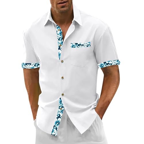 Generisch Freizeithemden Für Herren, Kurzarm Sommerhemd Regular Fit Casual Business Button Down Shirt Mit Brusttasche Arbeitshemd Herren Hawaii Männer Langarm Hemd Sommer Short (XL, Weiß) von Generisch