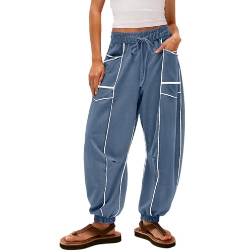 Generisch Freizeithose Damen Baggy Sporthose mit Taschen Stoffhose Streetwear Jogginghose Casual Relaxhose Gerade Hose Modish Cargohose Yogahose Pluderhose Sweatpants Palazzohose Dunkelblau S von Generisch