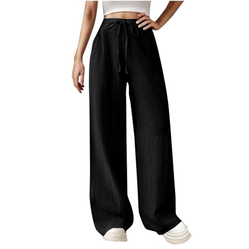 Generisch Freizeithose Damen Lang Sommerhose Damen Leicht Leinenhose Weites Bein Baggy Hose Haremshose Outdoorhose Strandhose Einfarbiger Straight Leg Hose Bequeme Leichte Luftig Stoffhose von Generisch