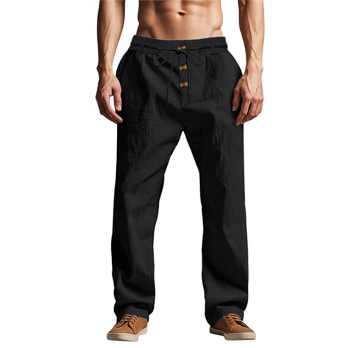 Generisch Freizeithose Herren Leinen Baumwolle Sporthose Herren Lang Leicht Leinenhose Mit Kordelzug Freizeithose Geknöpft Sporthose Mit Taschen Jogginghose Stretch Arbeitshose Einfarbig Outdoorhose von Generisch