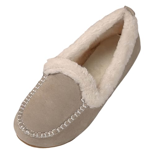 Generisch Freizeitschuhe für Damen mit weicher Sohle, rutschfest, hält warm, Flache, runde Zehenpartie, atmungsaktiv, zum Reinschlüpfen, Faulenzer Damen Schuhe Mokassins (Khaki, 38) von Generisch
