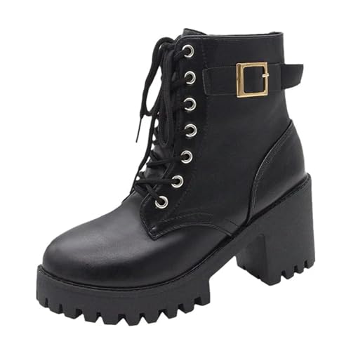 Generisch Frühling Herbst Damenmode Plateaustiefel Chunky Heel Casual Ankle Boots Schnürstiefel Rutschfeste Motorradstiefel(36) von Generisch