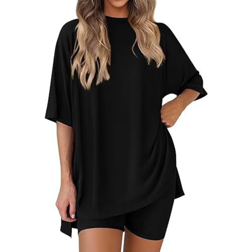Generisch Frunqui Two Piece Set for Women Frunqui Women's Two Piece Lounge Set 2025 New Summer Casual Oversized Shirts for Women (Black, M) von Generisch