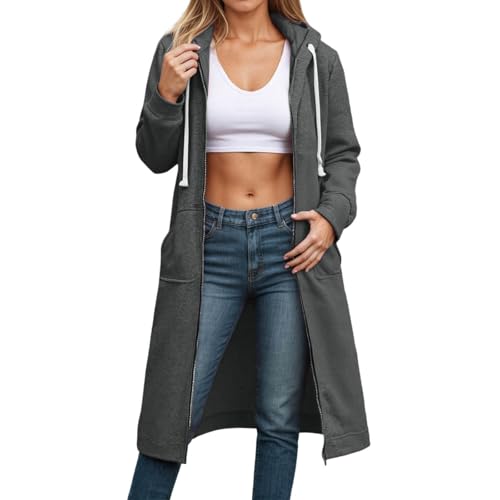 Generisch Full Zip Hoodie Damen Oversized Sweatjacke Einfarbig Zip Up Kapuzenpullover Mit Taschen Und Kordelzug Lange Kapuzenjacke Langarm Übergangsjacke Mit Kapuze Große Größen Mantel Dark Gray XL von Generisch
