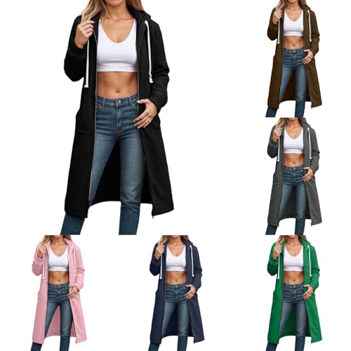 Generisch Full Zip Hoodie Damen Oversized Sweatjacke Einfarbig Zip Up Kapuzenpullover Mit Taschen Und Kordelzug Lange Kapuzenjacke Langarm Übergangsjacke Mit Kapuze Große Größen Mantel Schwarz XXXXXL von Generisch