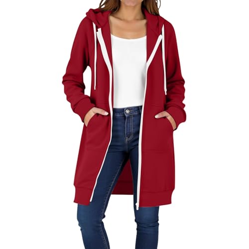 Generisch Full-Zip Hoodie Damen Oversized Sweatjacke Einfarbig Zip up Kapuzenpullover mit Kapuze und Kordelzug Y2K Mode Lange Sweatjacke Outwear Langen Mantel Jacke Tops mit Taschen von Generisch
