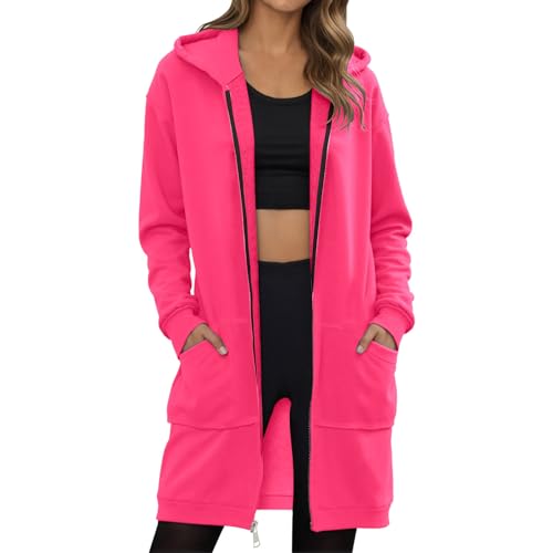 Generisch Full-Zip Hoodie Damen Oversized Sweatjacke Einfarbig Zip up Kapuzenpullover mit Taschen Kordelzug Lange Sweatjacke Outwear Langen Mantel Jacke Übergangsjacke (RD4, XXL) von Generisch