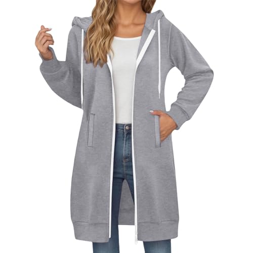 Generisch Full-Zip Hoodie Damen Oversized Sweatjacke Einfarbig Zip up Kapuzenpullover mit Taschen Kordelzug Mode Lange Sweatjacke Outwear Langen Mantel Jacke Übergangsjacke (A-Light Gray, XXL) von Generisch