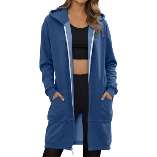 Generisch Full-Zip Hoodie Damen Oversized Sweatjacke Einfarbig Zip up Kapuzenpullover mit Taschen Y2K Mode Lange Sweatjacke Outwear Baumwoll Mantel Jacke Tops mit Kapuze Fleecejacke Winter von Generisch