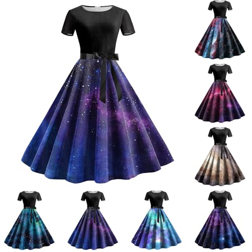 Generisch Galaxy Kostüm Damen Kleider Galaxie Universum Stern Weltraum Grafik Sternenhimmel A Linien Kleid Cocktailkleid Weltall Karneval Kostüm Festliche Kurzarm Rundhals Galaxy Rockabilly Kleider von Generisch