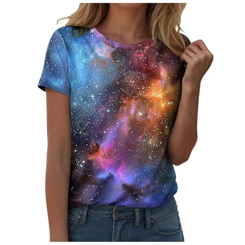 Generisch Galaxy Shirt Damen Galaxy Kostüm Damen T-Shirt Galaxie Universum Stern Weltraum Grafik 3D Bedrucken Glitzer Oberteile Für Karnevalskostüme (Gold, M) von Generisch
