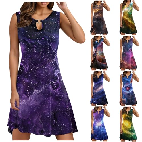Generisch Galaxy Sommerkleid Damen 3D Galaxie Bedrucken A Linien Kleid Sommerkleider Ärmellos Rundhals Sternenhimmel Strandkleid Karneval Weltall Festliche Kleider Galaxy Minikleid Freizeitkleid von Generisch