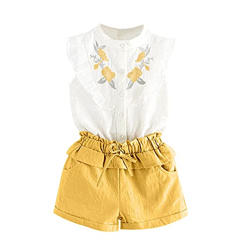 Generisch Gelb Bekleidungssets Für Mädchen 104 Baumwolle 2 Teiler Sommer Outfits Blumenmuster Shorts Und Weste Mit Rüschen Sommerurlaub Mode Casual Kinderkleidung Lässige Kleidung Freizeit Hosenanzug von Generisch