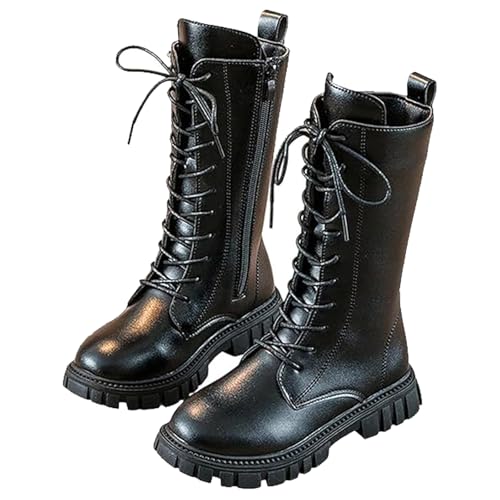 Generisch Girls Lace Up Riding Boots Mid Calf Combat Boot, Fashion Waterproof PU Leather Side Zipper Punk Goth Boot 4-12 Years (Black-Plush,9.5) von Generisch
