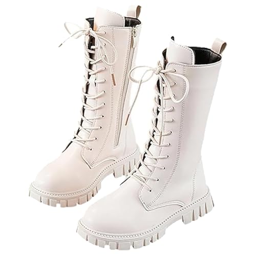 Generisch Girls Lace Up Riding Boots Mid Calf Combat Boot, Fashion Waterproof PU Leather Side Zipper Punk Goth Boot 4-12 Years (White-Plush,12) von Generisch