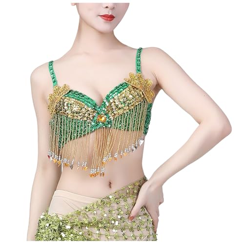 Generisch Glitzer Oberteile Damen Bauchtanz Kostüm Pailletten Oberteil BH mit Quaste Karneval Halloween Rave Festliche Party Bauchtanz BH Oberteile Fransen Latin Performance Kleidung Dancewear von Generisch