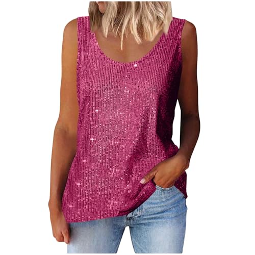 Generisch Glitzer Oberteile Damen Pailletten Top Glitzer Ärmellos Tops Festlich Shirt Glitzertop Bluse Glitter Tunika Unterhemden Kleidung Tank Top Knalliges Pink XL von Generisch