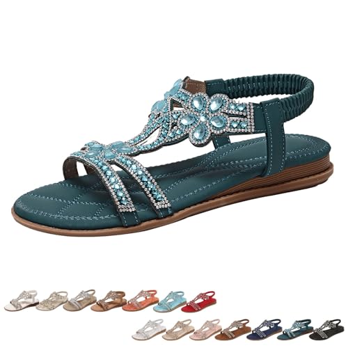 Generisch Glitzer Sandalen Damen Sommer, Damen Sandalen Strass Glitzer Sommer Sandaletten, Perfekt für Strand, Stadt und Sommerpartys (Pfauengrün,40) von Generisch