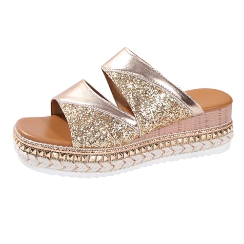 Generisch Glitzer Sandalen Damen Sommer Plateau Sandaletten Leicht Freizeit Strandschuhe Bohemia Sandals mit Strass Offene Zehen Freizeitsandale Elegant Hausschuhe Bequem Keilsandalen von Generisch